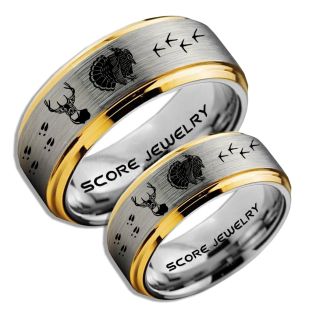 Wild Turkey Rings, 2 Piece Couple Set Turkey Rings, Deer Hunting Rings, Turkey Hunting Rings, Fishing Rings, Silver Tungsten Rings, Silver Wedding Bands, Hunting Rings, Deer Hunting Wedding Bands, Deer Tracks Rings