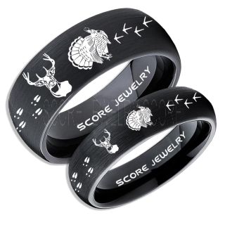 Wild Turkey Rings, 2 Piece Couple Set Turkey Rings, Deer Hunting Rings, Turkey Hunting Rings, Fishing Rings, Black Tungsten Rings, Black Wedding Bands, Hunting Rings, Deer Hunting Wedding Bands, Deer Tracks Rings