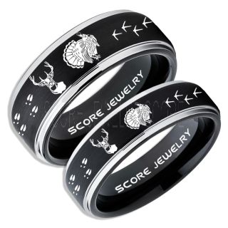 Wild Turkey Rings, 2 Piece Couple Set Turkey Rings, Deer Hunting Rings, Turkey Hunting Rings, Fishing Rings, Black Tungsten Rings, Black Wedding Bands, Hunting Rings, Deer Hunting Wedding Bands, Deer Tracks Rings