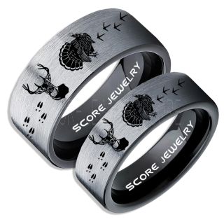 Wild Turkey Rings, 2 Piece Couple Set Turkey Rings, Deer Hunting Rings, Turkey Hunting Rings, Fishing Rings, Black Tungsten Rings, Black Wedding Bands, Hunting Rings, Deer Hunting Wedding Bands, Deer Tracks Rings