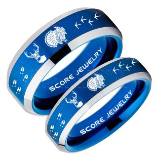 Wild Turkey Rings, 2 Piece Couple Set Turkey Rings, Deer Hunting Rings, Turkey Hunting Rings, Fishing Rings, Blue Tungsten Rings, Blue Wedding Bands, Hunting Rings, Deer Hunting Wedding Bands, Deer Tracks Rings