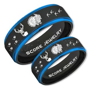 Wild Turkey Rings, 2 Piece Couple Set Turkey Rings, Deer Hunting Rings, Turkey Hunting Rings, Fishing Rings, Black Tungsten Rings, Black Wedding Bands, Hunting Rings, Deer Hunting Wedding Bands, Deer Tracks Rings