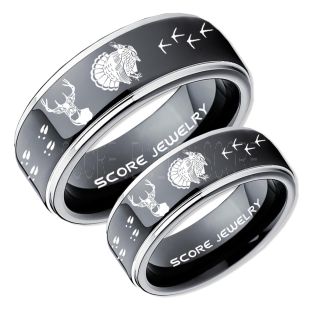 Wild Turkey Rings, 2 Piece Couple Set Turkey Rings, Deer Hunting Rings, Turkey Hunting Rings, Fishing Rings, Black Tungsten Rings, Black Wedding Bands, Hunting Rings, Deer Hunting Wedding Bands, Deer Tracks Rings