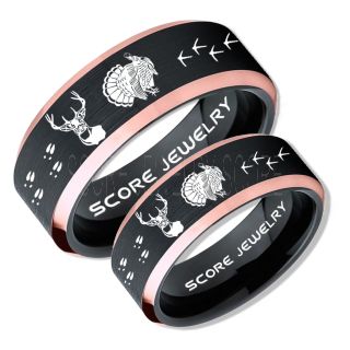 Wild Turkey Rings, 2 Piece Couple Set Deer Hunting Rings, Deer Hunting Rings, Deer Hunting Rings, Fishing Rings, Black Tungsten Rings, Black Wedding Bands, Hunting Rings, Fish Hooks Wedding Bands, Deer Tracks Rings, Christian Cross Rings