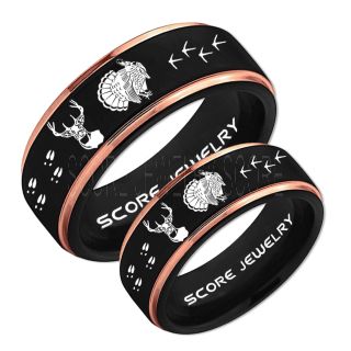 Wild Turkey Rings, 2 Piece Couple Set Turkey Rings, Deer Hunting Rings, Turkey Hunting Rings, Fishing Rings, Black Tungsten Rings, Black Wedding Bands, Hunting Rings, Deer Hunting Wedding Bands, Deer Tracks Rings