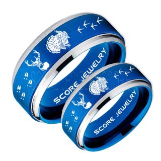 Wild Turkey Rings, 2 Piece Couple Set Turkey Rings, Deer Hunting Rings, Turkey Hunting Rings, Fishing Rings, Blue Tungsten Rings, Blue Wedding Bands, Hunting Rings, Deer Hunting Wedding Bands, Deer Tracks Rings