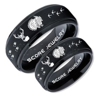 Wild Turkey Rings, 2 Piece Couple Set Turkey Rings, Deer Hunting Rings, Turkey Hunting Rings, Fishing Rings, Black Tungsten Rings, Black Wedding Bands, Hunting Rings, Deer Hunting Wedding Bands, Deer Tracks Rings