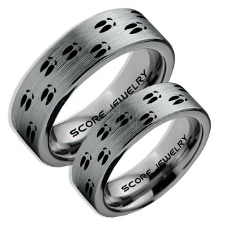 Deer Hunting Rings, 2 Piece Couple Set Deer Hunting Wedding Rings, Deer Wedding Bands, Deer Tracks Rings, Deer Tracks Silver Tungsten Rings, Silver Wedding Bands, Hunting Rings, Outdoorsman Wedding Bands