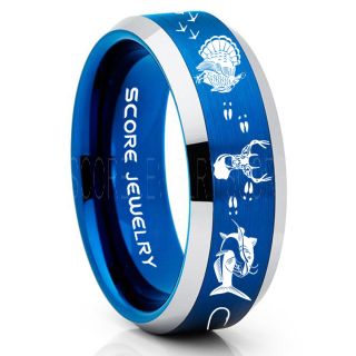 Wild Turkey Ring, Catfish Ring, Deer Hunting Ring, Catfish Fishing Ring, Fishing Ring, Blue Tungsten Ring, Blue Wedding Band, Hunting Ring, Fish Hooks Wedding Band, Deer Tracks Ring, Christian Cross Ring