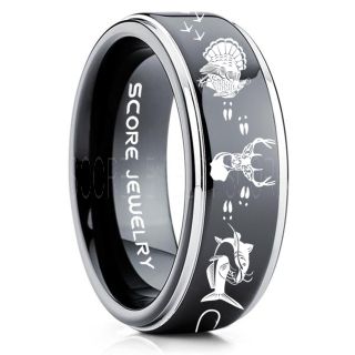 Wild Turkey Ring, Catfish Ring, Deer Hunting Ring, Catfish Fishing Ring, Fishing Ring, Black Tungsten Ring, Black Wedding Band, Hunting Ring, Fish Hooks Wedding Band, Deer Tracks Ring, Christian Cross Ring