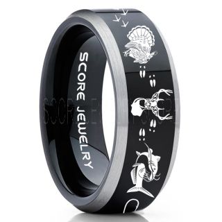 Wild Turkey Ring, Catfish Ring, Deer Hunting Ring, Catfish Fishing Ring, Fishing Ring, Black Tungsten Ring, Black Wedding Band, Hunting Ring, Fish Hooks Wedding Band, Deer Tracks Ring, Christian Cross Ring
