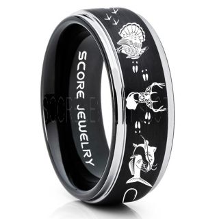 Wild Turkey Ring, Catfish Ring, Deer Hunting Ring, Catfish Fishing Ring, Fishing Ring, Black Tungsten Ring, Black Wedding Band, Hunting Ring, Fish Hooks Wedding Band, Deer Tracks Ring, Christian Cross Ring