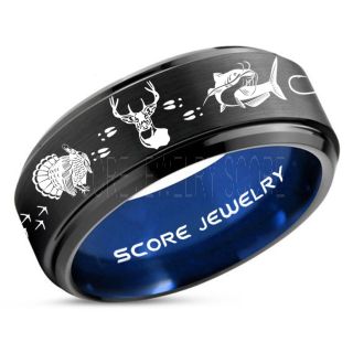 Wild Turkey Ring, Catfish Ring, Deer Hunting Ring, Catfish Fishing Ring, Fishing Ring, Black Tungsten Ring, Black Wedding Band, Hunting Ring, Fish Hooks Wedding Band, Deer Tracks Ring, Christian Cross Ring