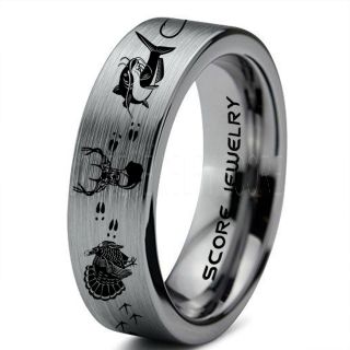 Wild Turkey Ring, Catfish Ring, Deer Hunting Ring, Catfish Fishing Ring, Fishing Ring, Silver Tungsten Ring, Silver Wedding Band, Hunting Ring, Fish Hooks Wedding Band, Deer Tracks Ring, Christian Cross Ring
