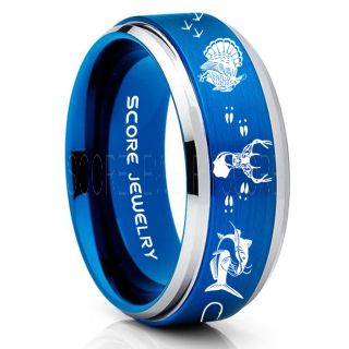 Wild Turkey Ring, Catfish Ring, Deer Hunting Ring, Catfish Fishing Ring, Fishing Ring, Blue Tungsten Ring, Blue Wedding Band, Hunting Ring, Fish Hooks Wedding Band, Deer Tracks Ring, Christian Cross Ring