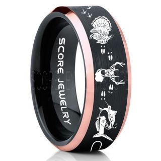 Wild Turkey Ring, Catfish Ring, Deer Hunting Ring, Catfish Fishing Ring, Fishing Ring, Black Tungsten Ring, Black Wedding Band, Hunting Ring, Fish Hooks Wedding Band, Deer Tracks Ring, Christian Cross Ring