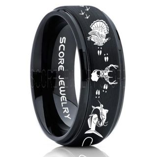 Wild Turkey Ring, Catfish Ring, Deer Hunting Ring, Catfish Fishing Ring, Fishing Ring, Black Tungsten Ring, Black Wedding Band, Hunting Ring, Fish Hooks Wedding Band, Deer Tracks Ring, Christian Cross Ring