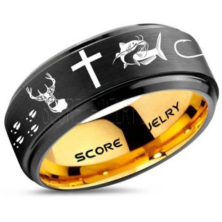 Catfish Ring, Deer Hunting Ring, Catfish Fishing Ring, Fishing Ring, Black Tungsten Ring, Black Wedding Band, Hunting Ring, Fish Hooks Wedding Band, Deer Tracks Ring, Christian Cross Ring