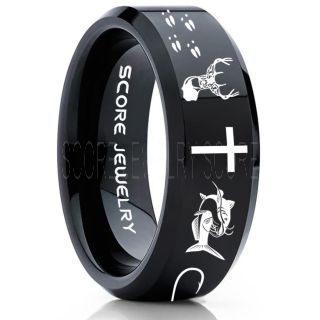 Catfish Ring, Deer Hunting Ring, Catfish Fishing Ring, Fishing Ring, Black Tungsten Ring, Black Wedding Band, Hunting Ring, Fish Hooks Wedding Band, Deer Tracks Ring, Christian Cross Ring