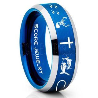 Catfish Ring, Deer Hunting Ring, Catfish Fishing Ring, Fishing Ring, Blue Tungsten Ring, Blue Wedding Band, Hunting Ring, Fish Hooks Wedding Band, Deer Tracks Ring, Christian Cross Ring