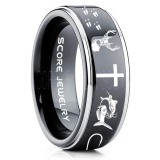 Catfish Ring, Deer Hunting Ring, Catfish Fishing Ring, Fishing Ring, Black Tungsten Ring, Black Wedding Band, Hunting Ring, Fish Hooks Wedding Band, Deer Tracks Ring, Christian Cross Ring