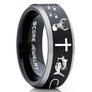 Catfish Ring, Deer Hunting Ring, Catfish Fishing Ring, Fishing Ring, Black Tungsten Ring, Black Wedding Band, Hunting Ring, Fish Hooks Wedding Band, Deer Tracks Ring, Christian Cross Ring
