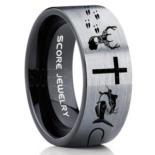 Catfish Ring, Deer Hunting Ring, Catfish Fishing Ring, Fishing Ring, Silver Tungsten Ring, Silver Wedding Band, Hunting Ring, Fish Hooks Wedding Band, Deer Tracks Ring, Christian Cross Ring