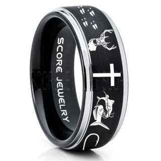 Catfish Ring, Deer Hunting Ring, Catfish Fishing Ring, Fishing Ring, Black Tungsten Ring, Black Wedding Band, Hunting Ring, Fish Hooks Wedding Band, Deer Tracks Ring, Christian Cross Ring