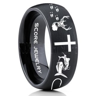 Catfish Ring, Deer Hunting Ring, Catfish Fishing Ring, Fishing Ring, Black Tungsten Ring, Black Wedding Band, Hunting Ring, Fish Hooks Wedding Band, Deer Tracks Ring, Christian Cross Ring