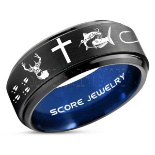 Catfish Ring, Deer Hunting Ring, Catfish Fishing Ring, Fishing Ring, Black Tungsten Ring, Black Wedding Band, Hunting Ring, Fish Hooks Wedding Band, Deer Tracks Ring, Christian Cross Ring
