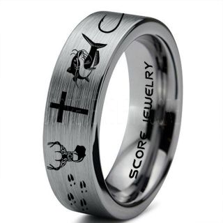 Catfish Ring, Deer Hunting Ring, Catfish Fishing Ring, Fishing Ring, Silver Tungsten Ring, Silver Wedding Band, Hunting Ring, Fish Hooks Wedding Band, Deer Tracks Ring, Christian Cross Ring
