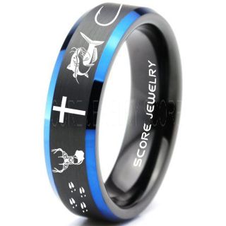 Catfish Ring, Deer Hunting Ring, Catfish Fishing Ring, Fishing Ring, Black Tungsten Ring, Black Wedding Band, Hunting Ring, Fish Hooks Wedding Band, Deer Tracks Ring, Christian Cross Ring