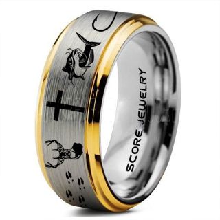 Catfish Ring, Deer Hunting Ring, Catfish Fishing Ring, Fishing Ring, Silver Tungsten Ring, Silver Wedding Band, Hunting Ring, Fish Hooks Wedding Band, Deer Tracks Ring, Christian Cross Ring