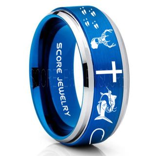 Catfish Ring, Deer Hunting Ring, Catfish Fishing Ring, Fishing Ring, Blue Tungsten Ring, Blue Wedding Band, Hunting Ring, Fish Hooks Wedding Band, Deer Tracks Ring, Christian Cross Ring