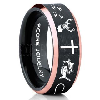 Catfish Ring, Deer Hunting Ring, Catfish Fishing Ring, Fishing Ring, Black Tungsten Ring, Black Wedding Band, Hunting Ring, Fish Hooks Wedding Band, Deer Tracks Ring, Christian Cross Ring