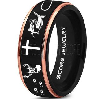 Catfish Ring, Deer Hunting Ring, Catfish Fishing Ring, Fishing Ring, Black Tungsten Ring, Black Wedding Band, Hunting Ring, Fish Hooks Wedding Band, Deer Tracks Ring, Christian Cross Ring