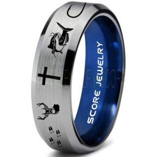 Catfish Ring, Deer Hunting Ring, Catfish Fishing Ring, Fishing Ring, Silver Tungsten Ring, Silver Wedding Band, Hunting Ring, Fish Hooks Wedding Band, Deer Tracks Ring, Christian Cross Ring