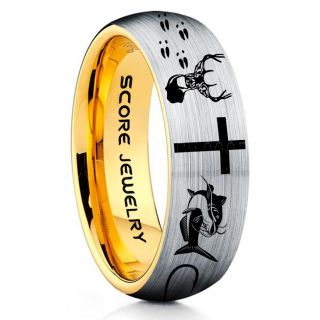 Catfish Ring, Deer Hunting Ring, Catfish Fishing Ring, Fishing Ring, Silver Tungsten Ring, Silver Wedding Band, Hunting Ring, Fish Hooks Wedding Band, Deer Tracks Ring, Christian Cross Ring
