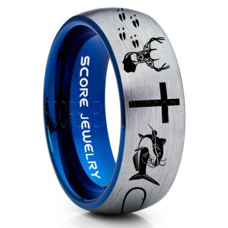 Catfish Ring, Deer Hunting Ring, Catfish Fishing Ring, Fishing Ring, Silver Tungsten Ring, Silver Wedding Band, Hunting Ring, Fish Hooks Wedding Band, Deer Tracks Ring, Christian Cross Ring