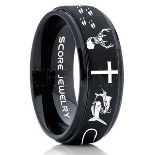 Catfish Ring, Deer Hunting Ring, Catfish Fishing Ring, Fishing Ring, Black Tungsten Ring, Black Wedding Band, Hunting Ring, Fish Hooks Wedding Band, Deer Tracks Ring, Christian Cross Ring