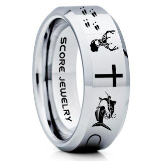Catfish Ring, Deer Hunting Ring, Catfish Fishing Ring, Fishing Ring, Silver Tungsten Ring, Silver Wedding Band, Hunting Ring, Fish Hooks Wedding Band, Deer Tracks Ring, Christian Cross Ring