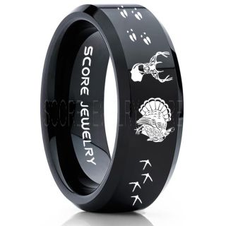 Wild Turkey Ring, Turkey Tracks Rings, Deer Hunting Ring, Fishing Ring, Black Tungsten Ring, Black Wedding Band, Hunting Ring, Deer Hunting Wedding Band, Deer Tracks Ring