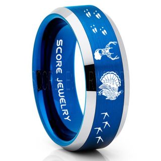 Wild Turkey Ring, Turkey Tracks Rings, Deer Hunting Ring, Fishing Ring, Blue Tungsten Ring, Blue Wedding Band, Hunting Ring, Deer Hunting Wedding Band, Deer Tracks Ring