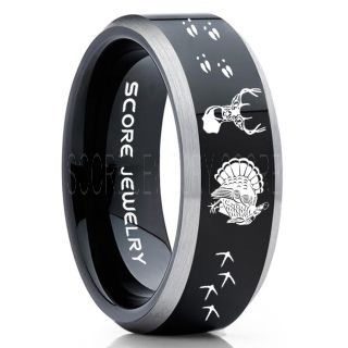 Wild Turkey Ring, Turkey Tracks Rings, Deer Hunting Ring, Fishing Ring, Black Tungsten Ring, Black Wedding Band, Hunting Ring, Deer Hunting Wedding Band, Deer Tracks Ring