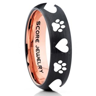 Puppy Paws Ring, Puppy Paws Wedding Band, 6mm Black Tungsten Ring, Black Wedding Band, Black Tungsten Band, Puppy Paws Ring