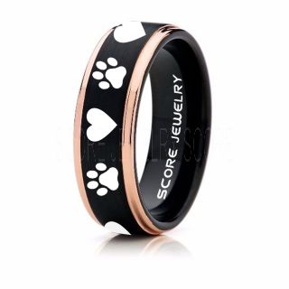 Puppy Paws Ring, Puppy Paws Wedding Band, 6mm Black Tungsten Ring, Black Wedding Band, Black Tungsten Band, Puppy Paws Ring