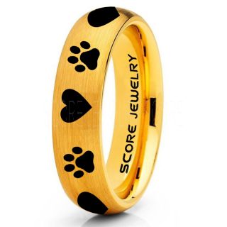 Puppy Paws Ring, Puppy Paws Wedding Band, 6mm 14K Yellow Gold Tungsten Ring, Yellow Gold Wedding Band, Yellow Gold Tungsten Band, Puppy Paws Ring