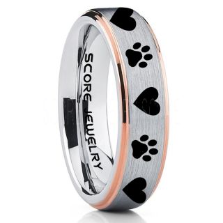 Puppy Paws Ring, Puppy Paws Wedding Band, 6mm Silver Tungsten Ring, Silver Wedding Band, Silver Tungsten Band, Puppy Paws Ring