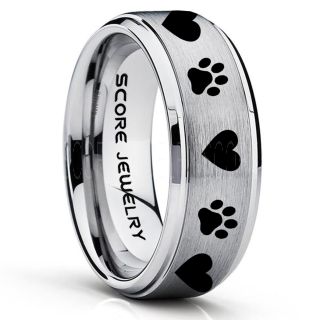 Puppy Paws Ring, Puppy Paws Wedding Band, 8mm Silver Tungsten Ring, Silver Wedding Band, Silver Tungsten Band, Puppy Paws Ring