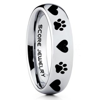 Puppy Paws Ring, Puppy Paws Wedding Band, 6mm Silver Tungsten Ring, Silver Wedding Band, Silver Tungsten Band, Puppy Paws Ring